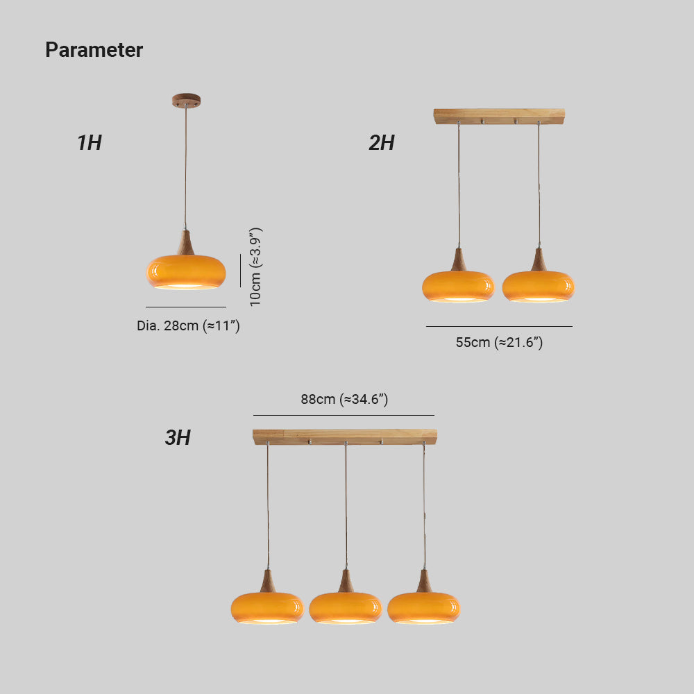 Dimensions and sizing guide for the 1-head, 2-head, and 3-head linear retro glass pendant lights