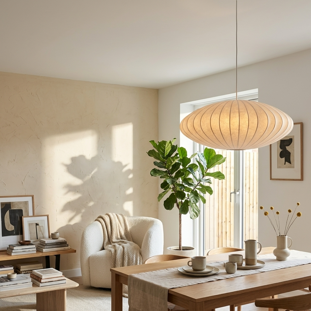 Retro minimalist fabric dome pendant adding a serene glow to a sunlit Japandi interior