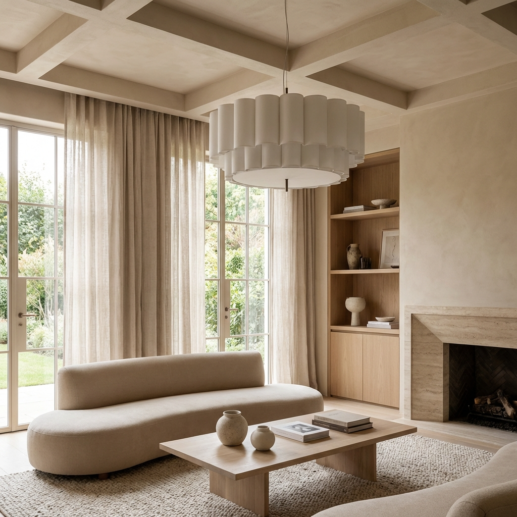 Retro-modern minimalist fabric pendant hanging low over a coffee table in a bright beige lounge setting