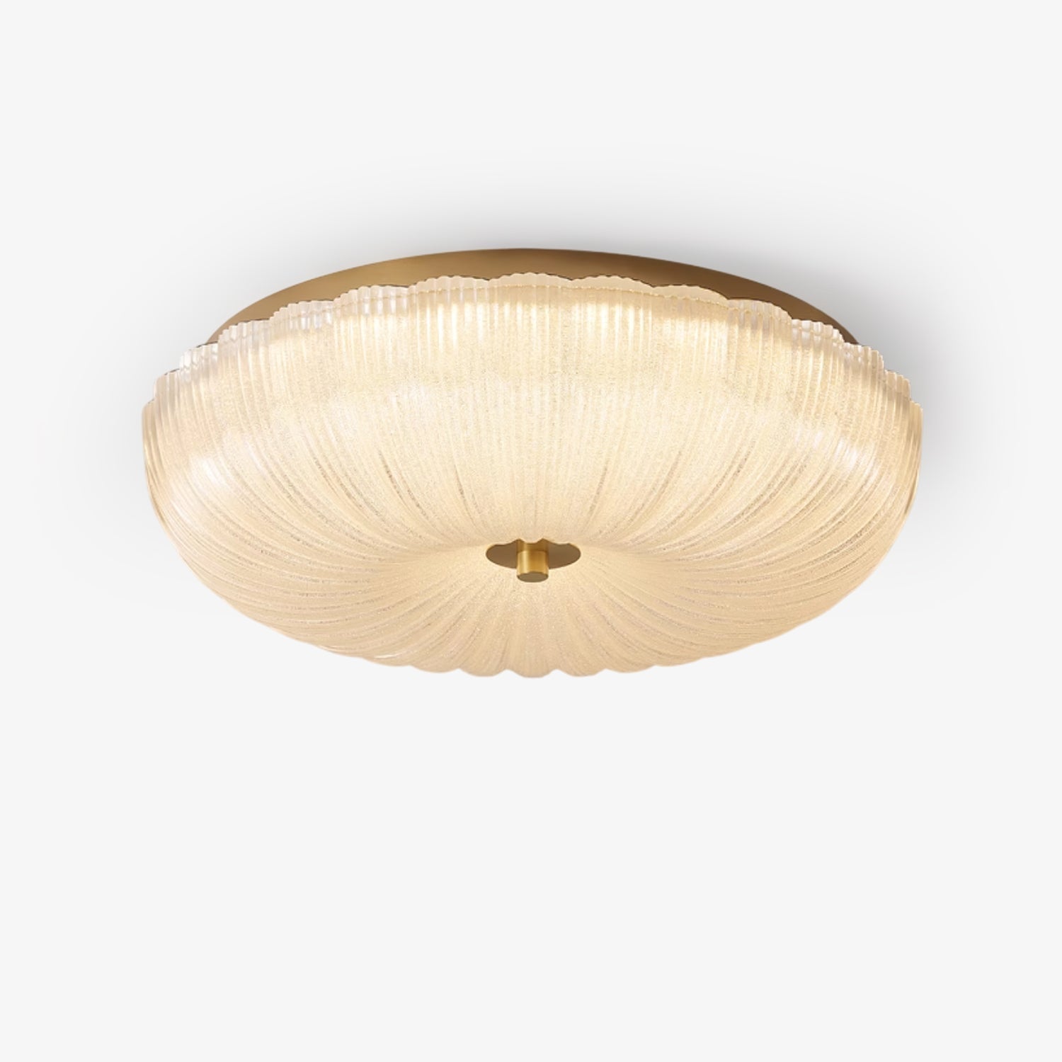 Isolated view of the fluted halo glass rutyl ceiling lamp with brass centre finial