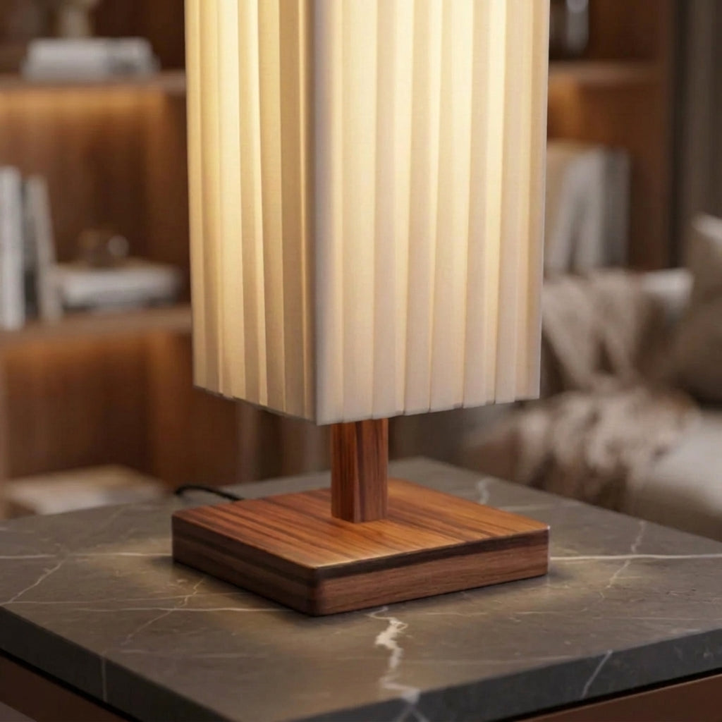 Close-up of the Ruxpa lamp's walnut wood base