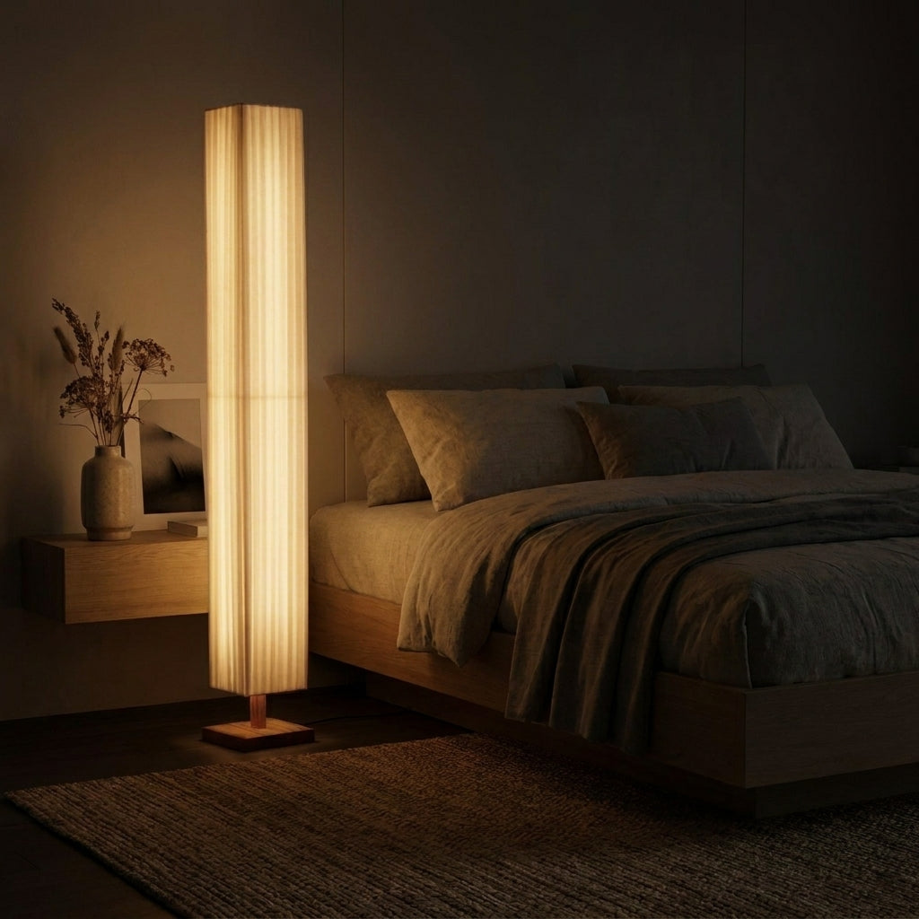 Ruxpa walnut floor lamp glowing warmly beside a bed in a dark bedroom