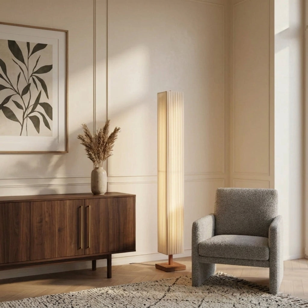 Ruxpa walnut floor lamp beside a walnut cupboard next to a beige wall with botanical art