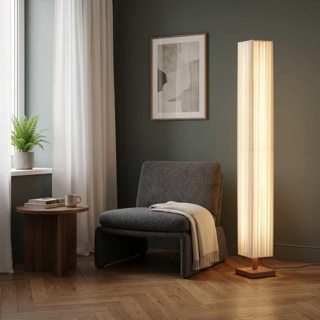 Ruxpa walnut floor lamp in living room reading nook