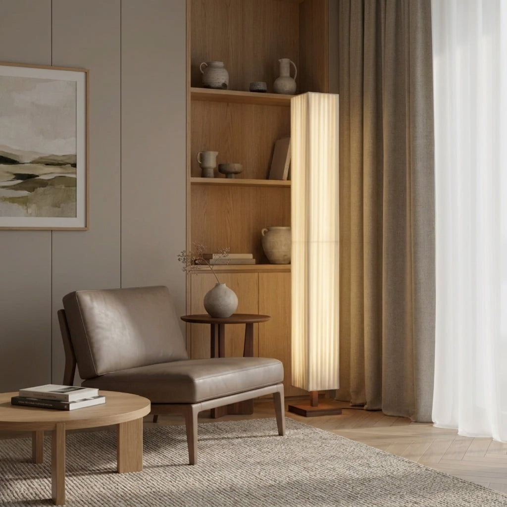 Ruxpa walnut floor lamp beside a taupe leather chair and wood shelving unit