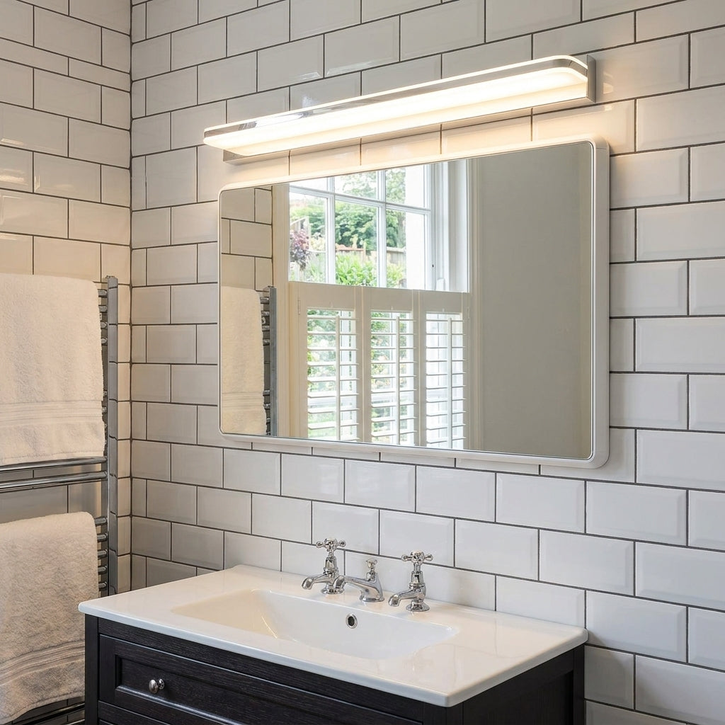 Rymza LED mirror light installed above a bathroom vanity