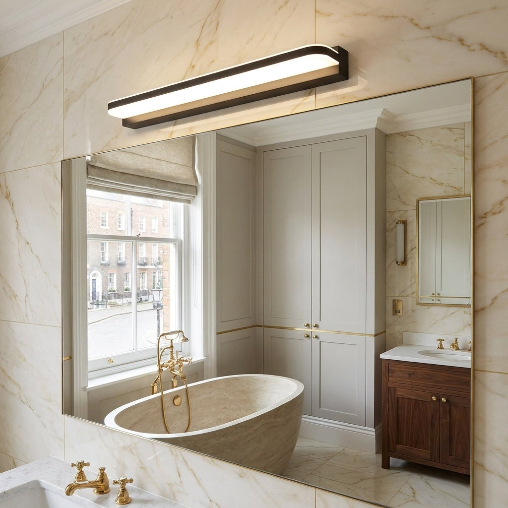 Rymza LED mirror light installed above a bathroom vanity
