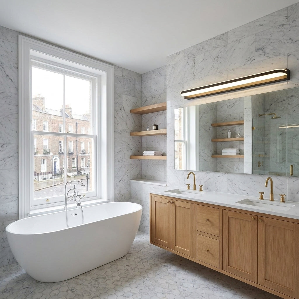 Rymza LED mirror light installed above a bathroom vanity