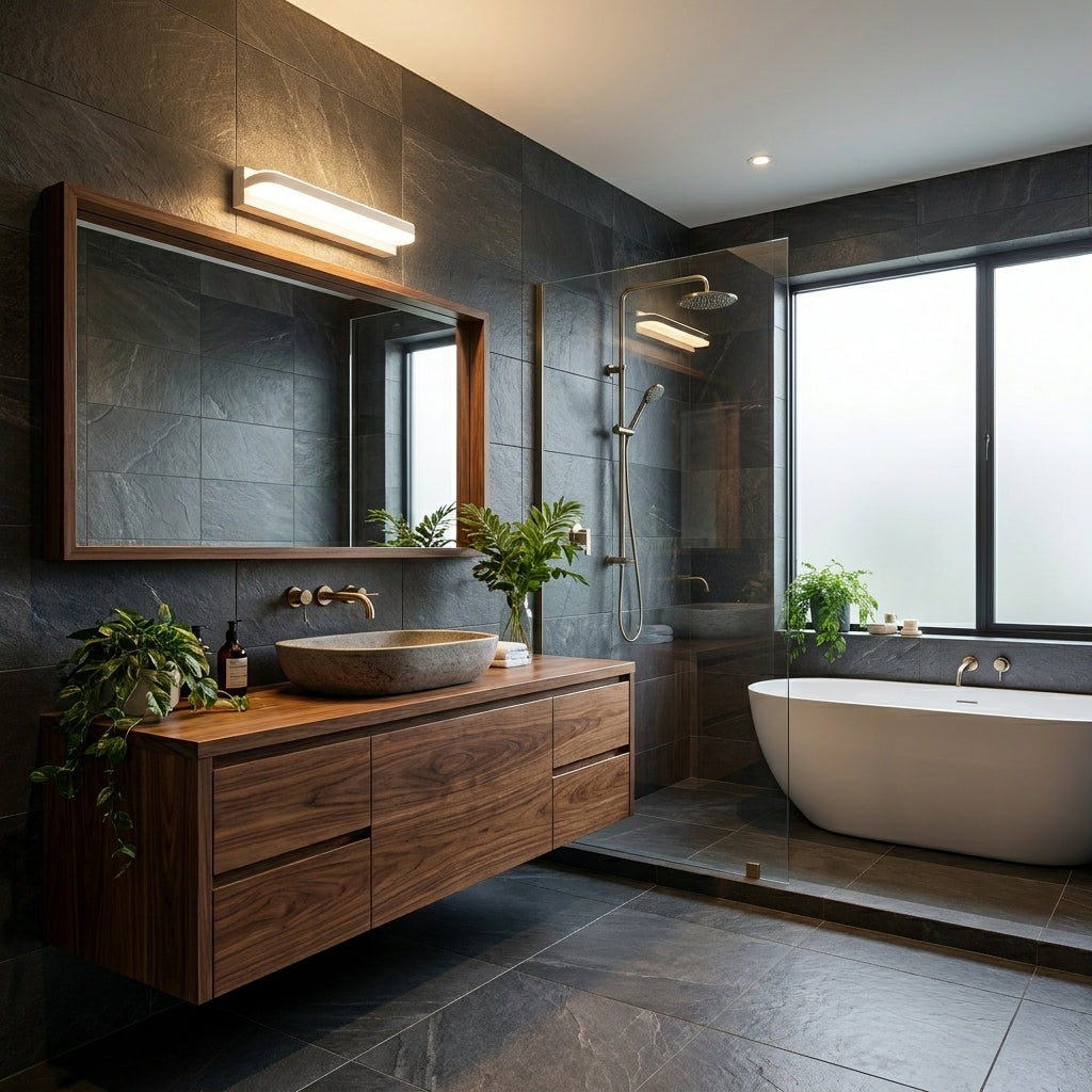 Rymza LED mirror light installed above a bathroom vanity