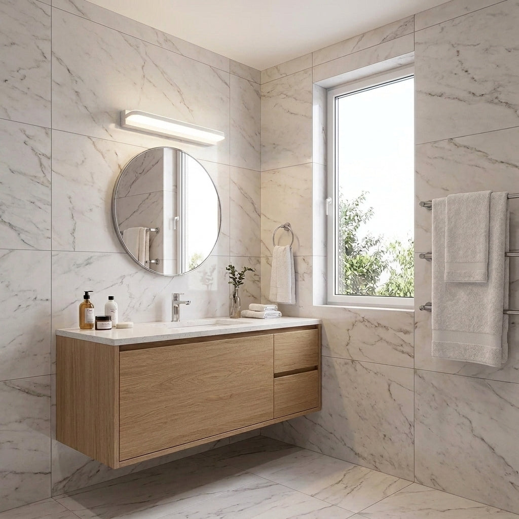 Rymza LED mirror light installed above a bathroom vanity