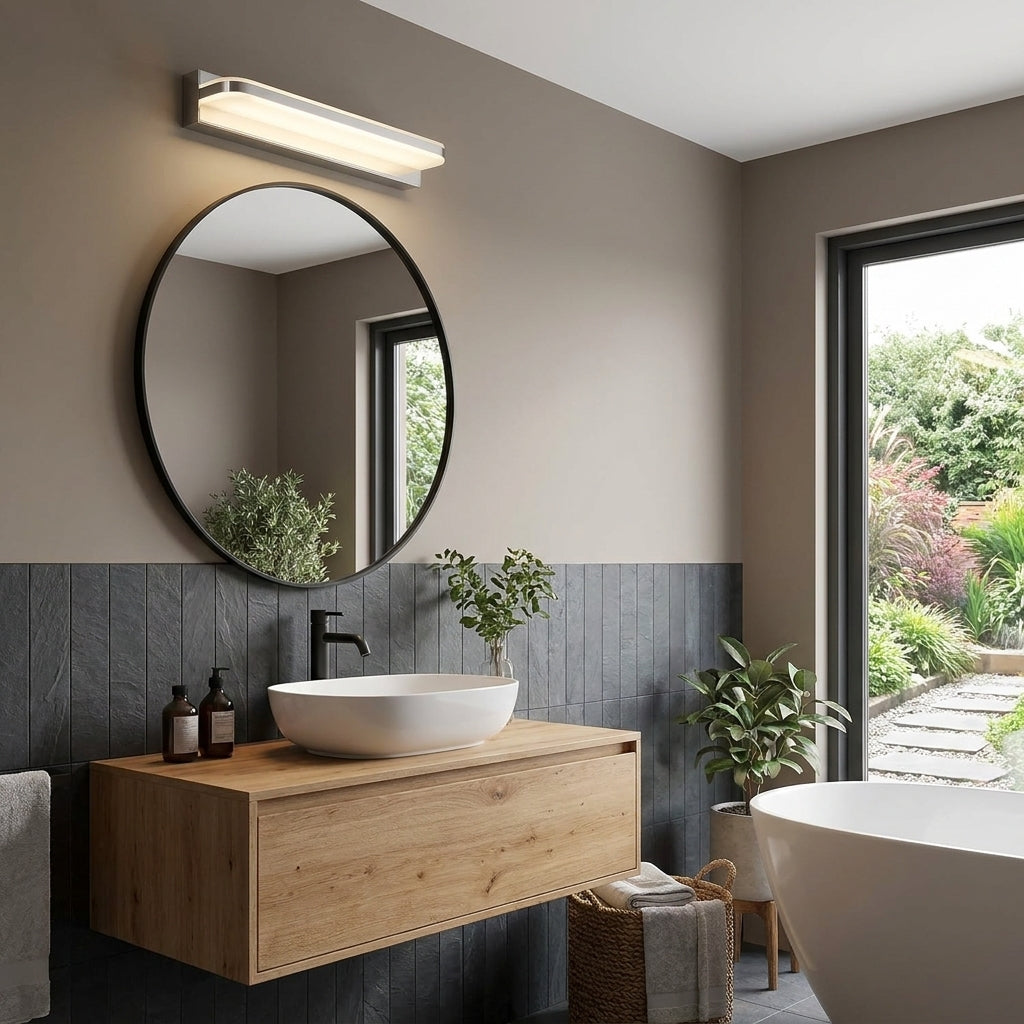 Rymza LED mirror light installed above a bathroom vanity
