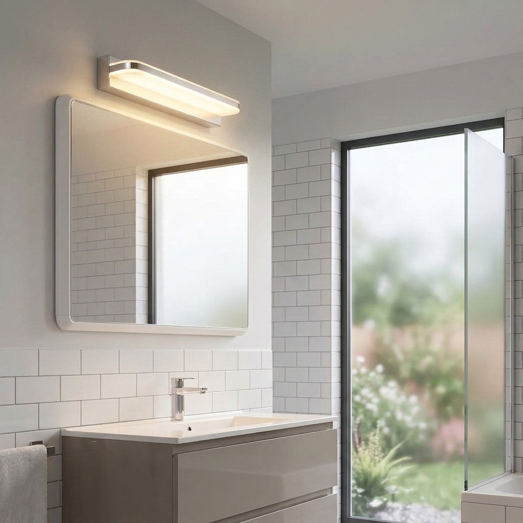 Rymza LED mirror light installed above a bathroom vanity