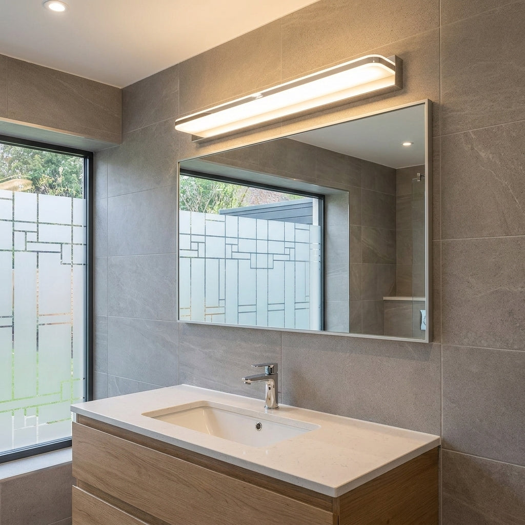 Rymza LED mirror light installed above a bathroom vanity