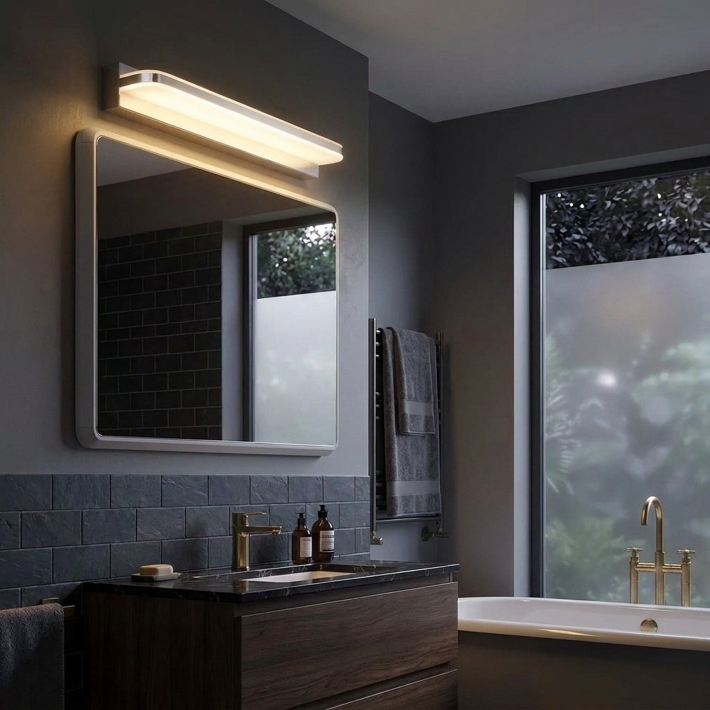 Rymza LED mirror light installed above a bathroom vanity