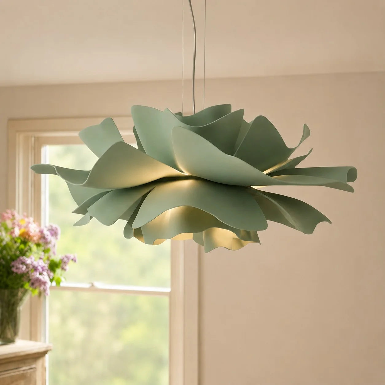 Sage green lotus flower ceiling lamp hanging in a bright, naturally lit room
