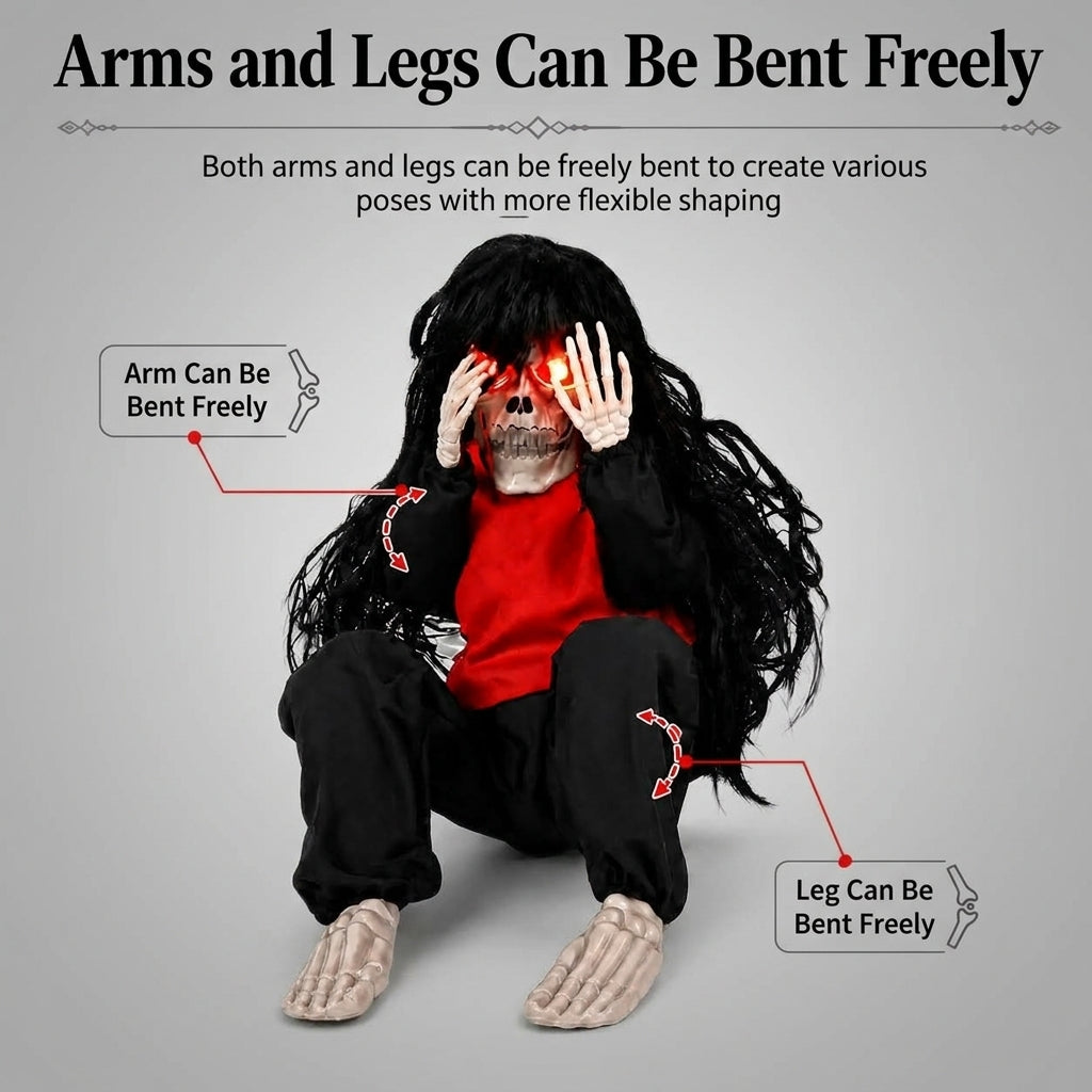 Sentrygeist skeleton prop infographic showing the arms and legs can be freely bent into different poses