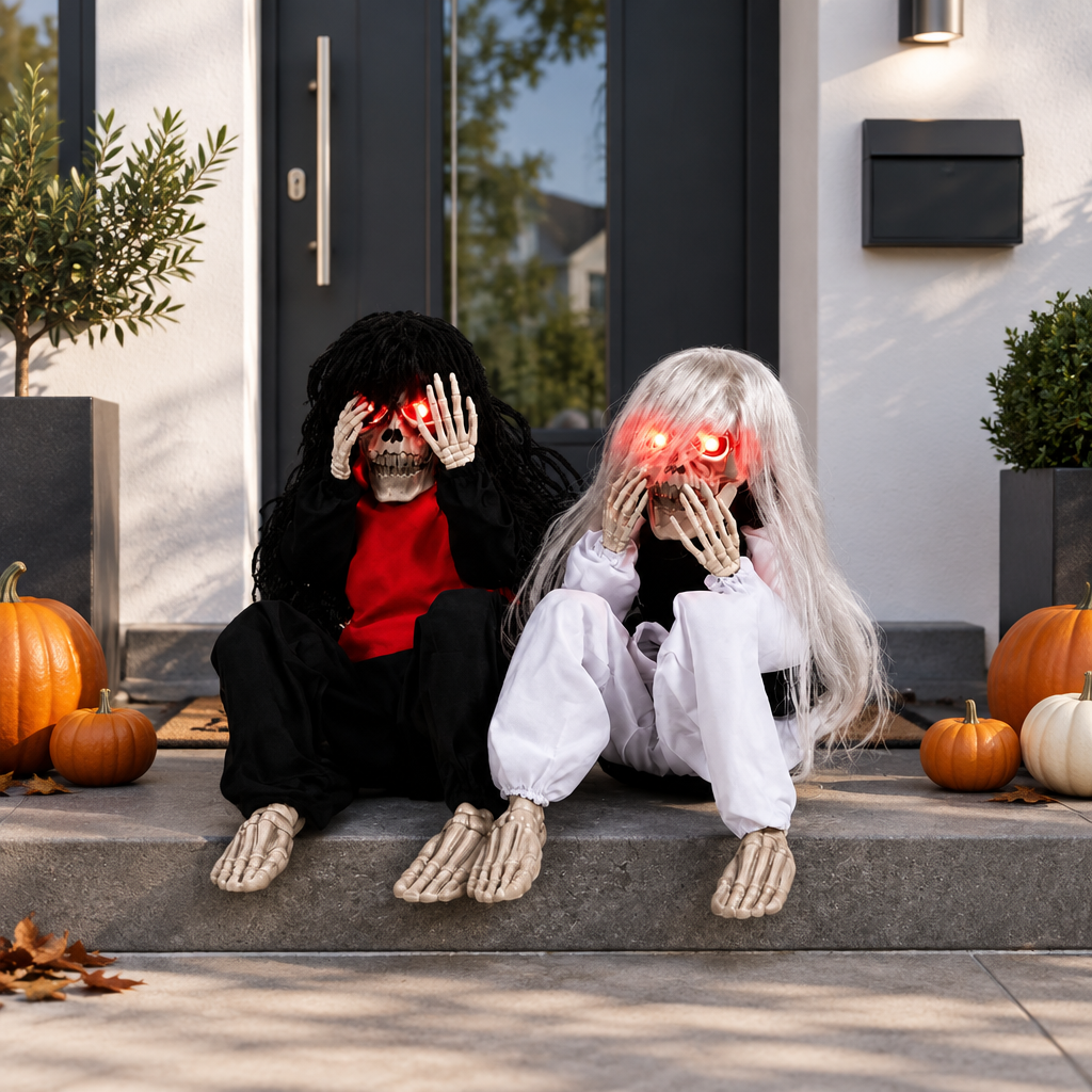 Sentrygeist skeleton props in Black and White colourways sitting on a front porch step surrounded by pumpkins