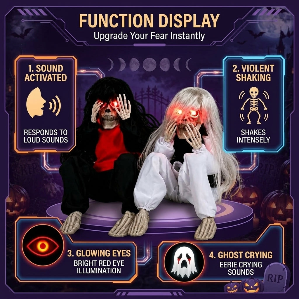 Sentrygeist skeleton prop function display infographic showing sound activation, shaking motion, glowing eyes and crying sound
