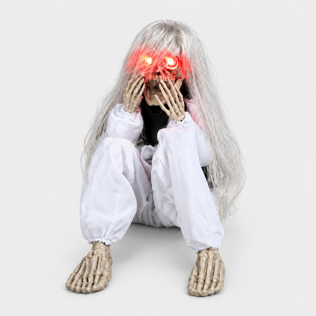 Sentrygeist sound-activated skeleton prop in White colourway with glowing red eyes on a studio background