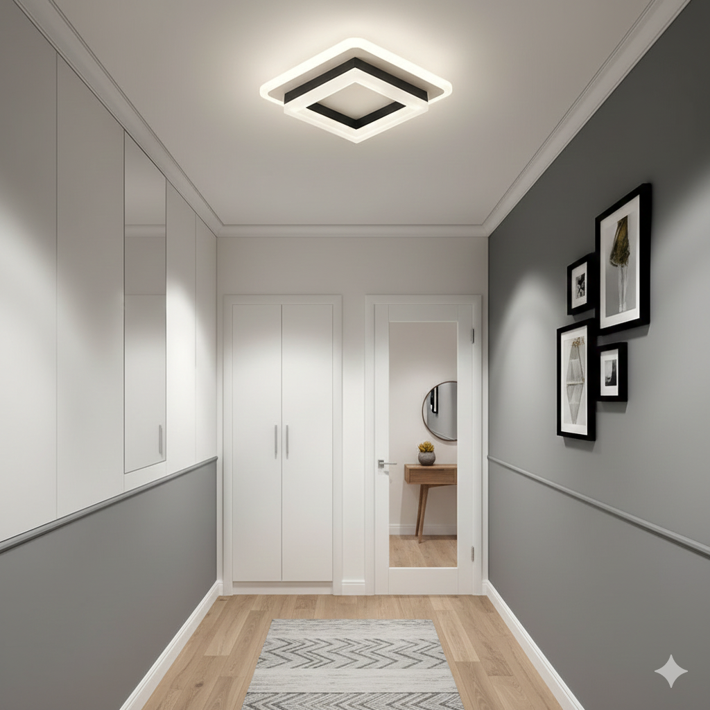 Modern black geometric square serq ceiling light providing bright illumination in a white hallway corridor