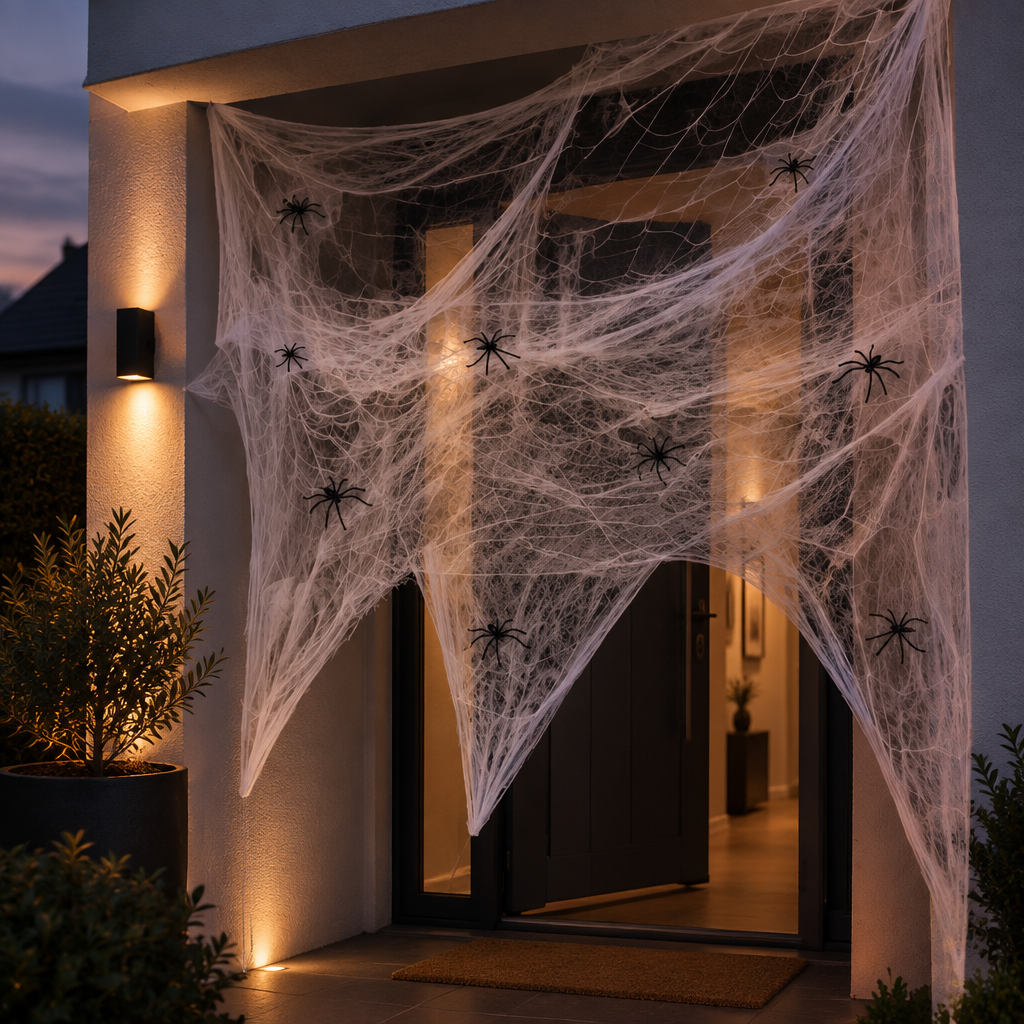 Silkshroud stretch cobweb draped over a front doorway entrance lit by wall sconces in the evening