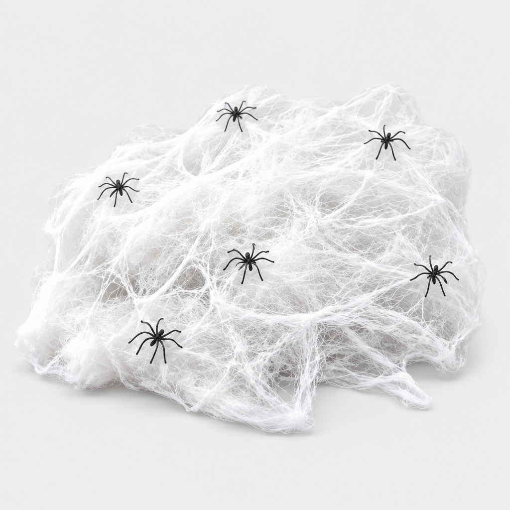 A compact pack of Silkshroud stretch cobweb material with plastic spiders on a white studio background