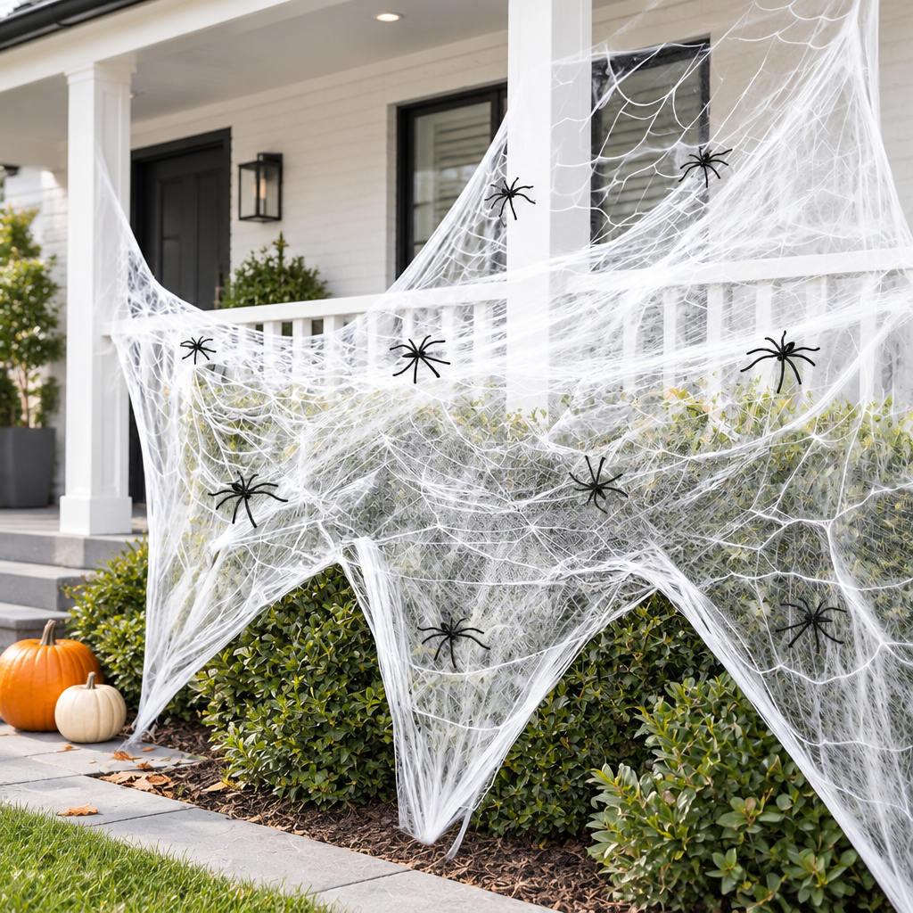 Silkshroud stretch cobweb draped over a porch railing and bushes with plastic spiders scattered across the webbing