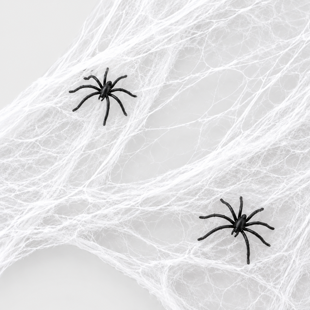Close-up detail of two plastic spiders on the Silkshroud stretch cobweb fibres