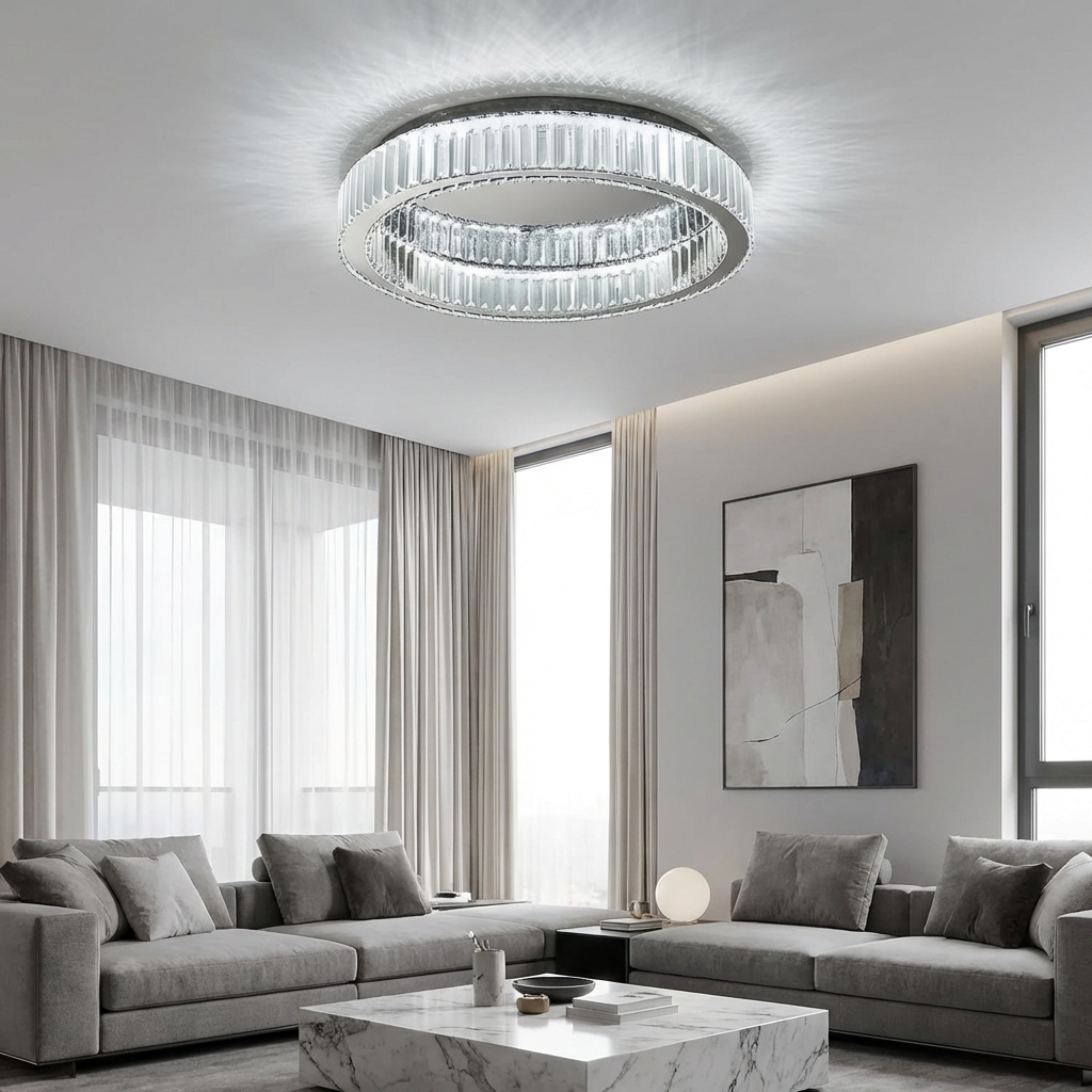 Sleek silver crystal ring flush mount ceiling light in a modern grey-toned living room