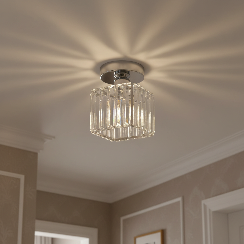 Close-up of a silver square crystal ceiling light showing the faceted glass prisms