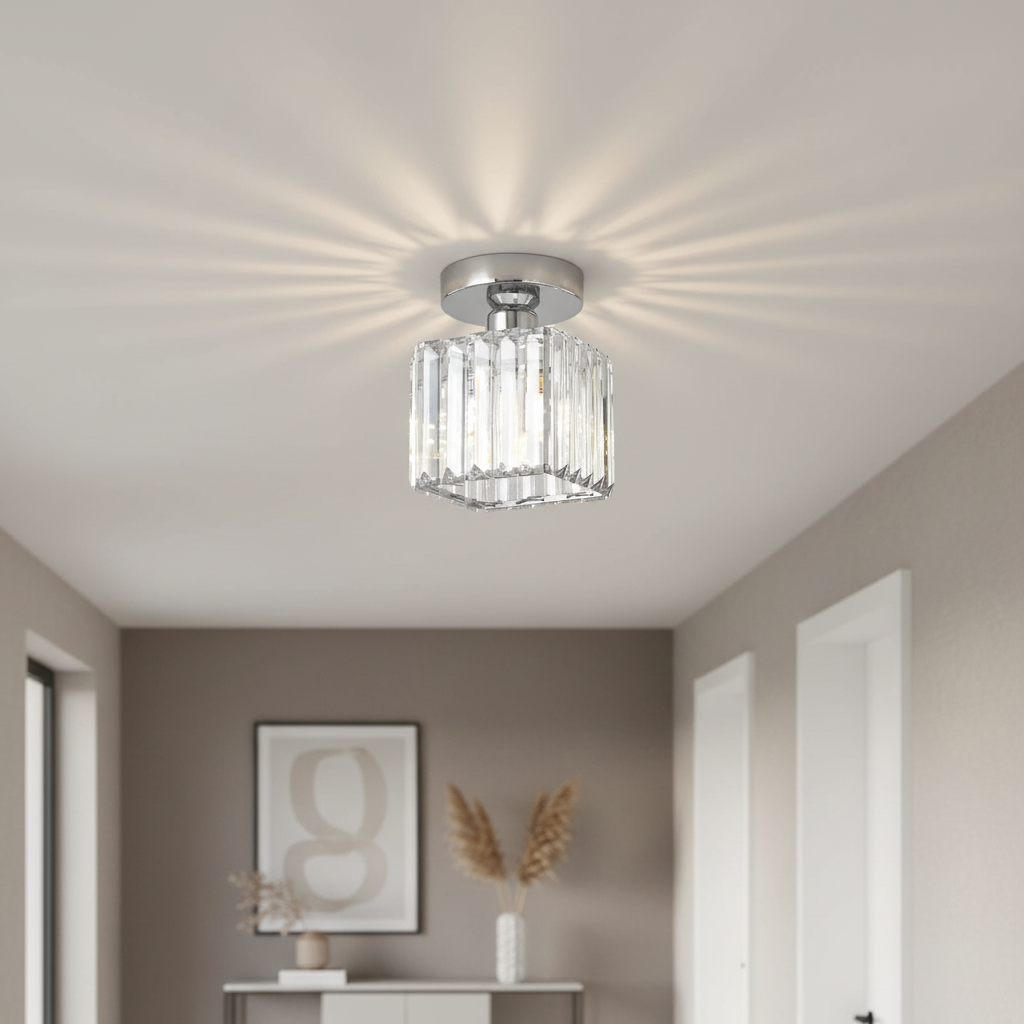 Silver square crystal flush mount ceiling fixture in a sleek grey minimalist interior