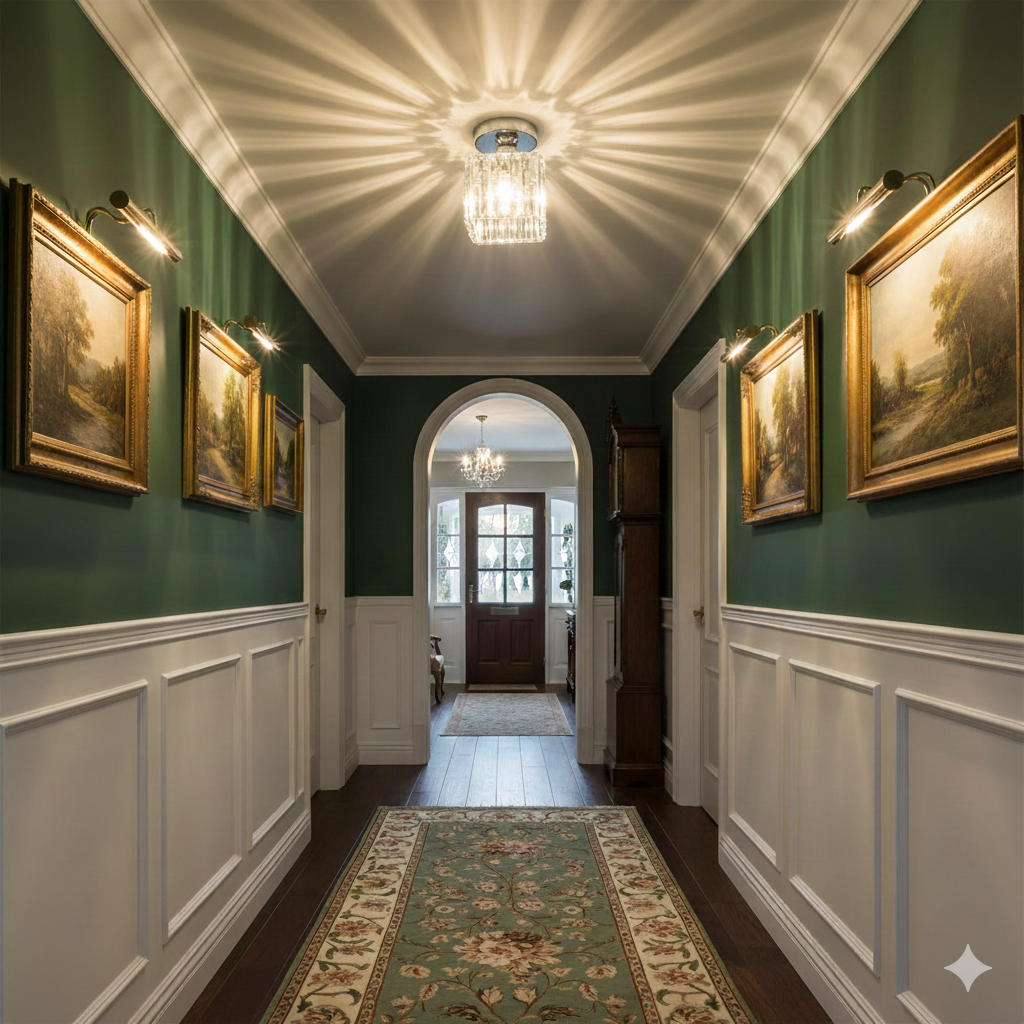 Silver square crystal ceiling light contrasting beautifully in a traditional green hallway