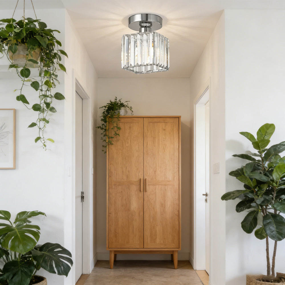 Silver square crystal flush mount light in a bright hallway decorated with indoor plants