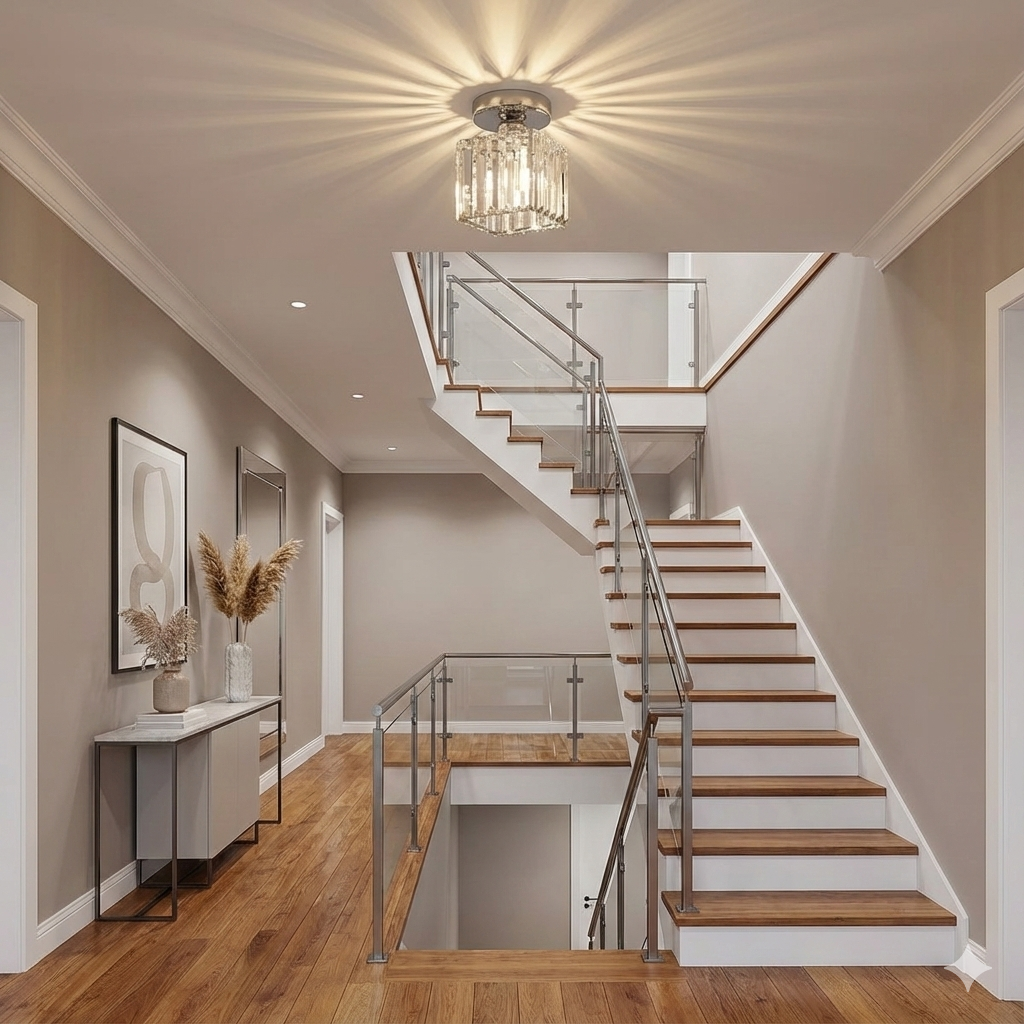 silver square crystal chandelier illuminating a modern wooden staircase