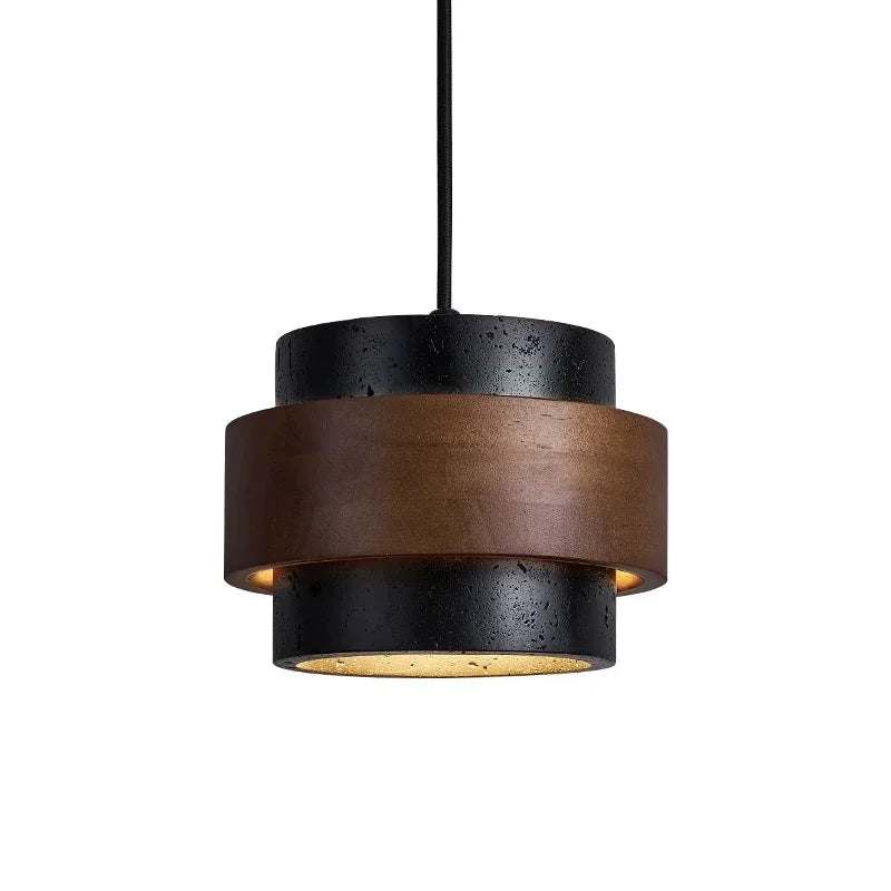 Single dark wood and travertine cylinder pendant light isolated