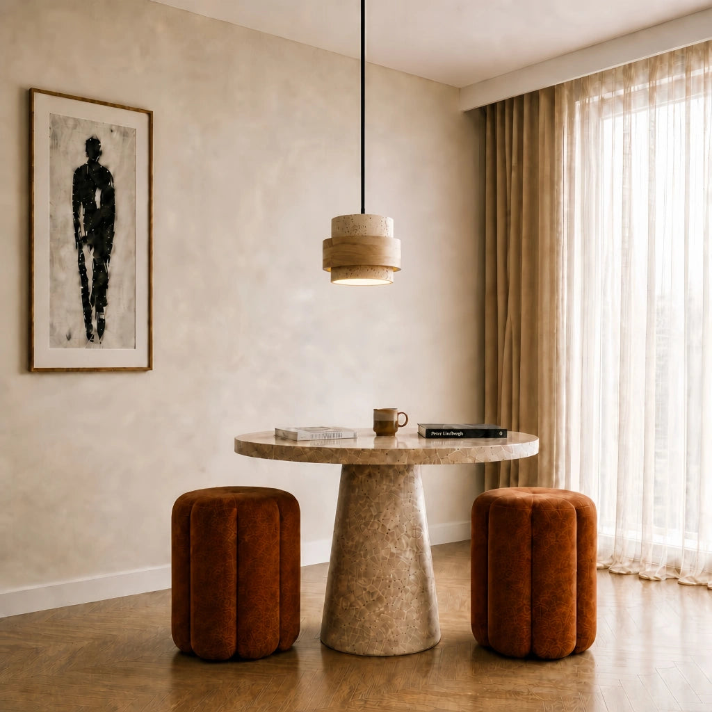 Single natural wood and travertine pendant light over a small round dining nook