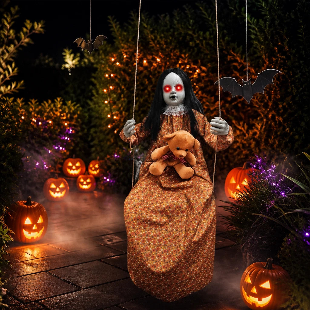 Skulke swinging ghost doll with glowing red eyes in a British garden at night with pumpkins, fog and hanging bats