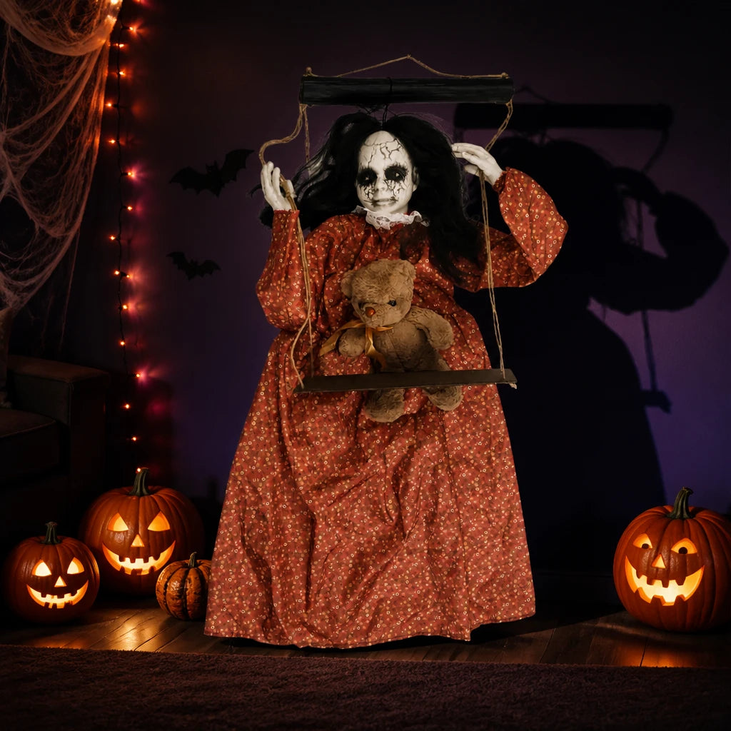 Skulke swinging ghost doll against a purple Halloween-decorated interior wall with bats, cobwebs and glowing pumpkins