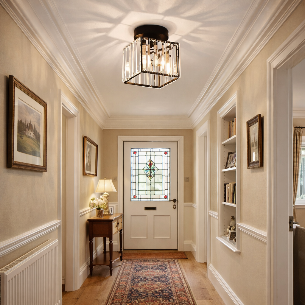Small black square crystal ceiling light providing ambient illumination in a corridor