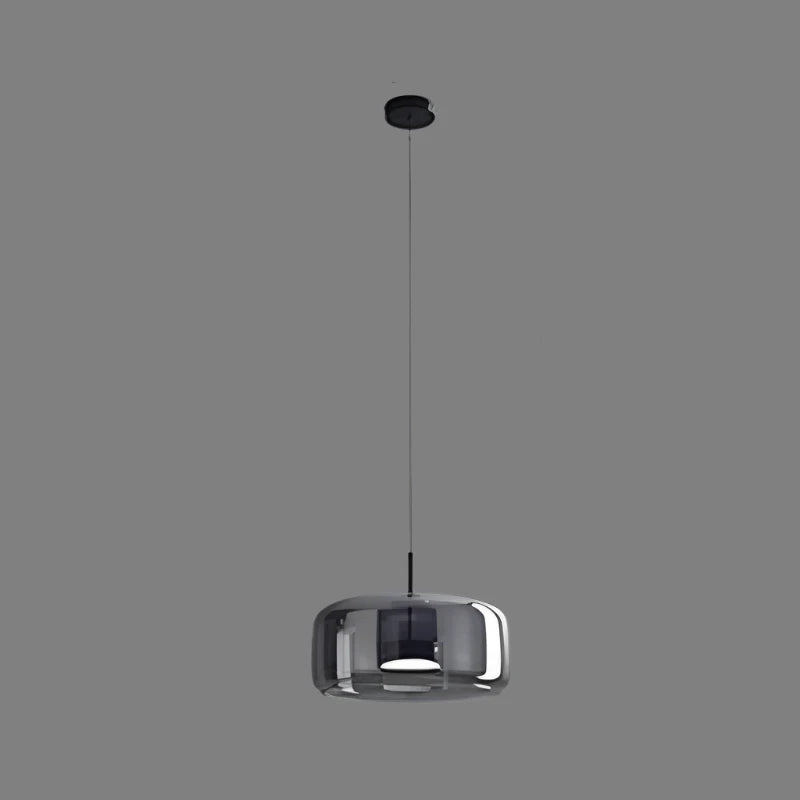 Wide smoke grey glass pendant lamp isolated on a dark grey background