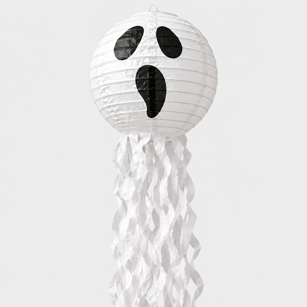 Close-up of a single Spookballs ghost paper lantern showing the printed face and streamer tails