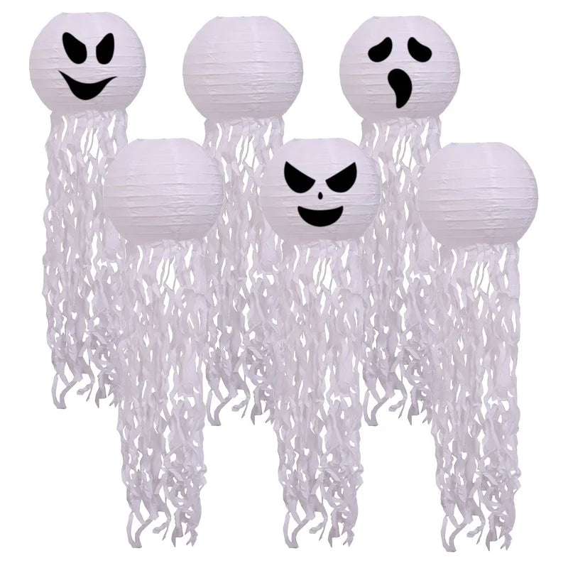 Six Spookballs ghost paper lanterns on a white background showing the different printed face designs