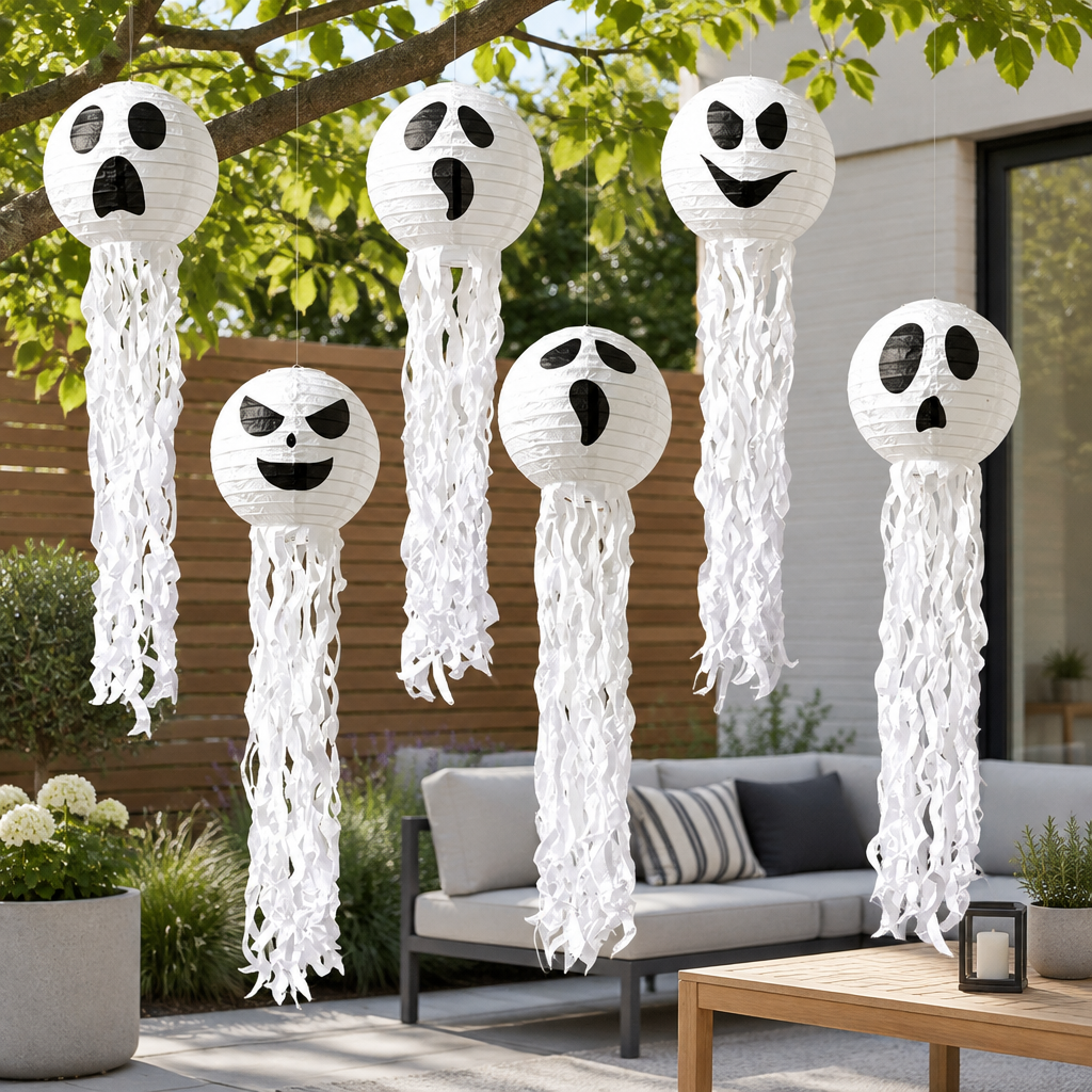 Six Spookballs ghost paper lanterns hanging from a tree branch over an outdoor patio seating area