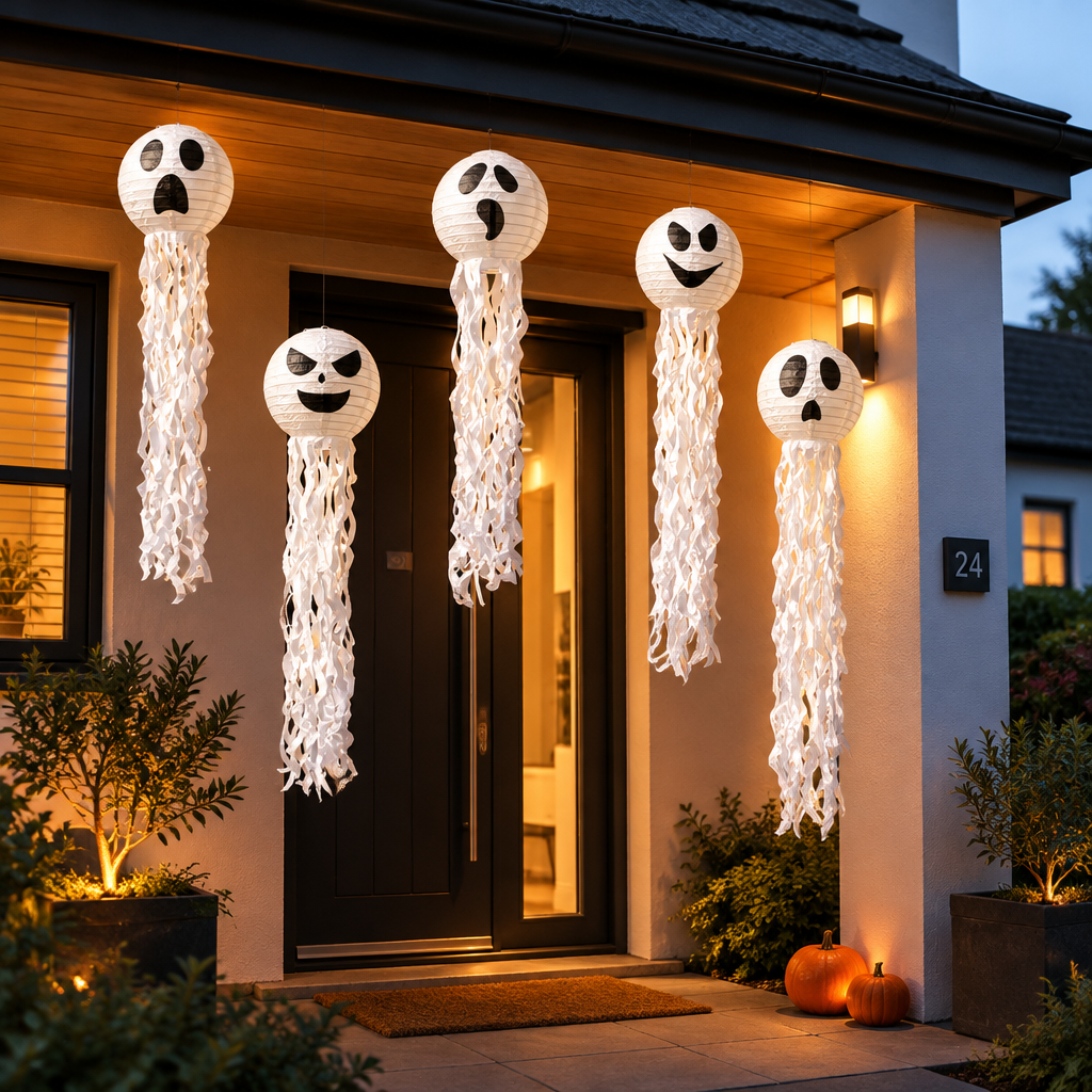 Five Spookballs hanging ghost paper lanterns with streamer tails glowing outside a front door at dusk