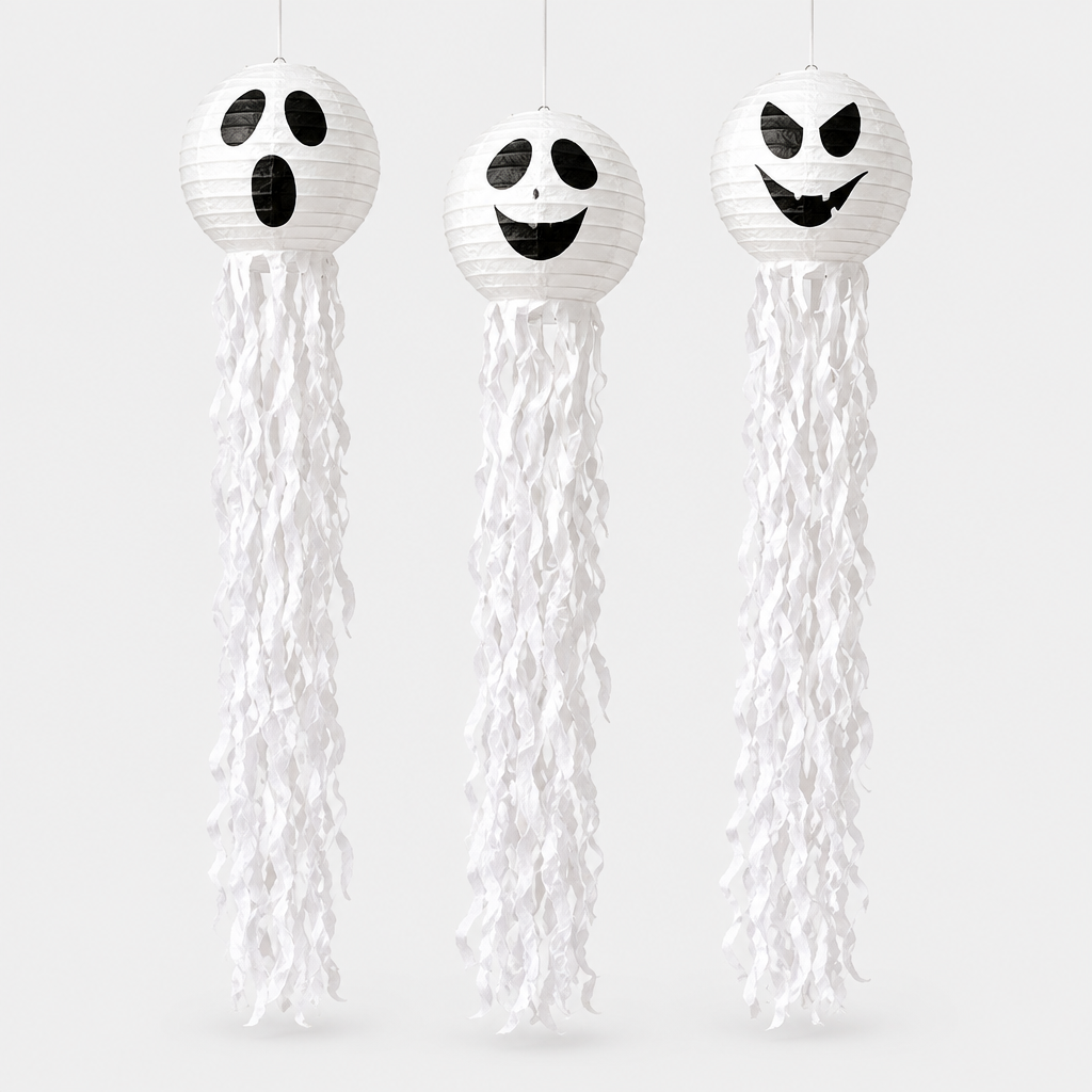 Three Spookballs ghost paper lanterns with streamer tails on a white studio background