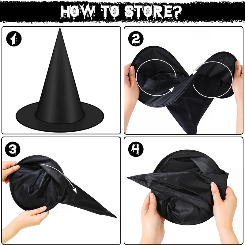 Spookcap classic black witch hat - how to store: 4-step folding guide for flat storage