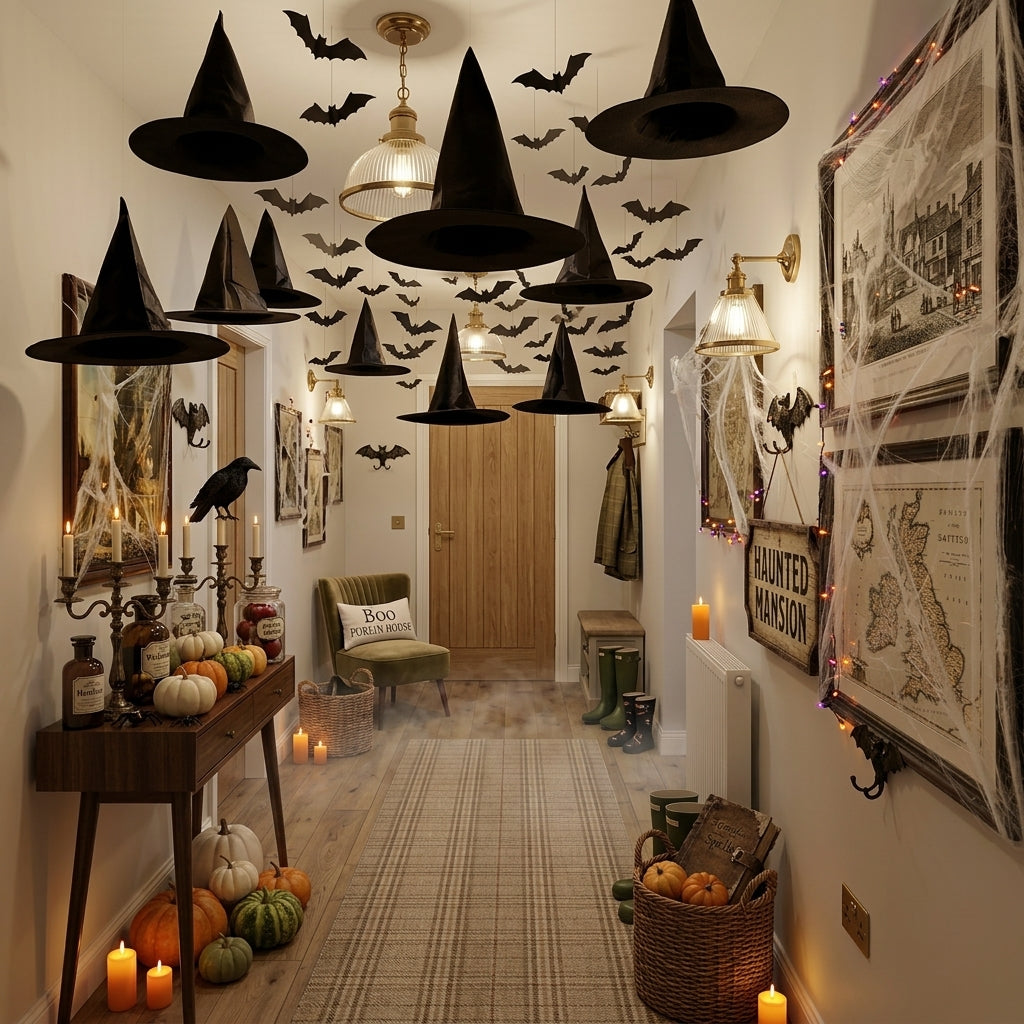 Multiple Spookcap black witch hats hung from the ceiling of a British Halloween-decorated hallway with hanging bats