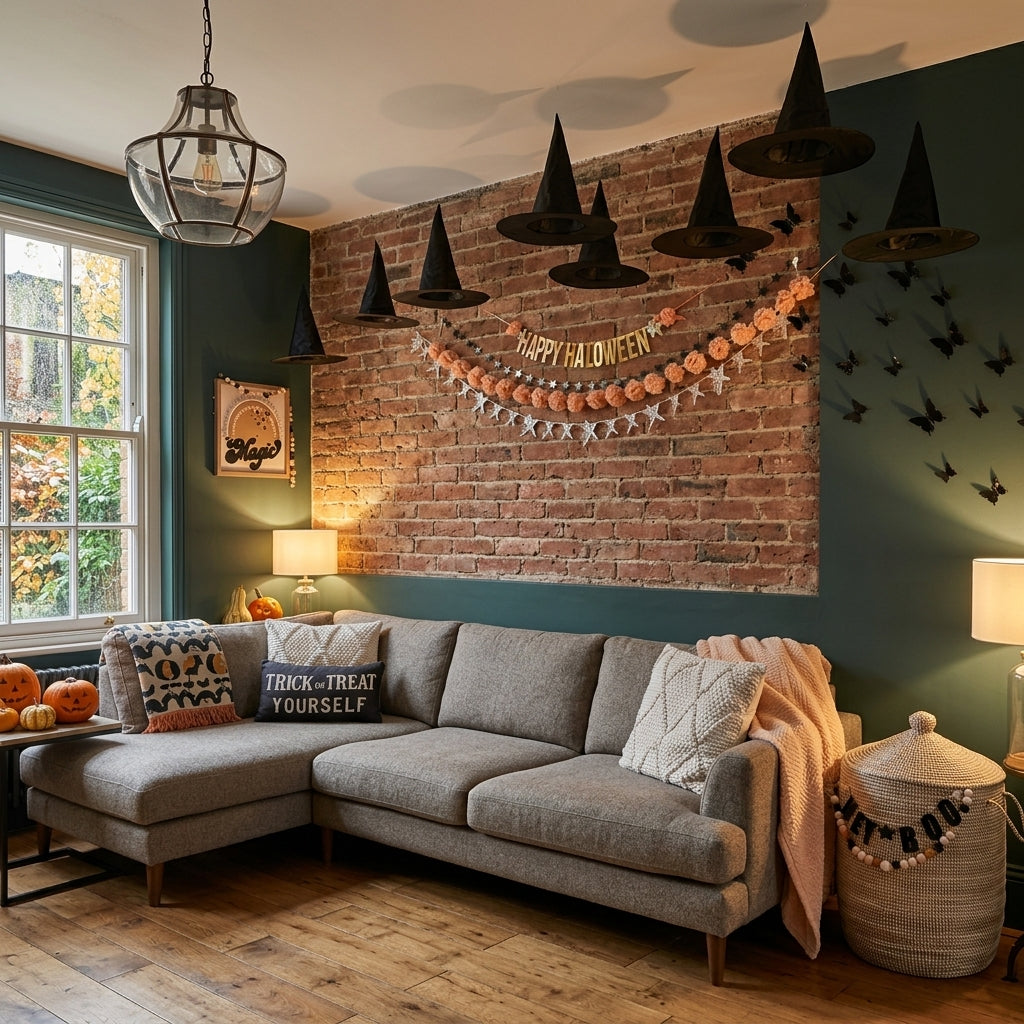 Spookcap black witch hats hung above a brick feature wall with a Happy Halloween banner in a living room