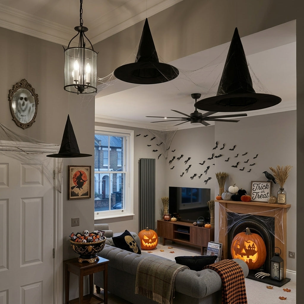 Spookcap black witch hats hung from the ceiling of a Halloween-decorated living room with bat wall decals