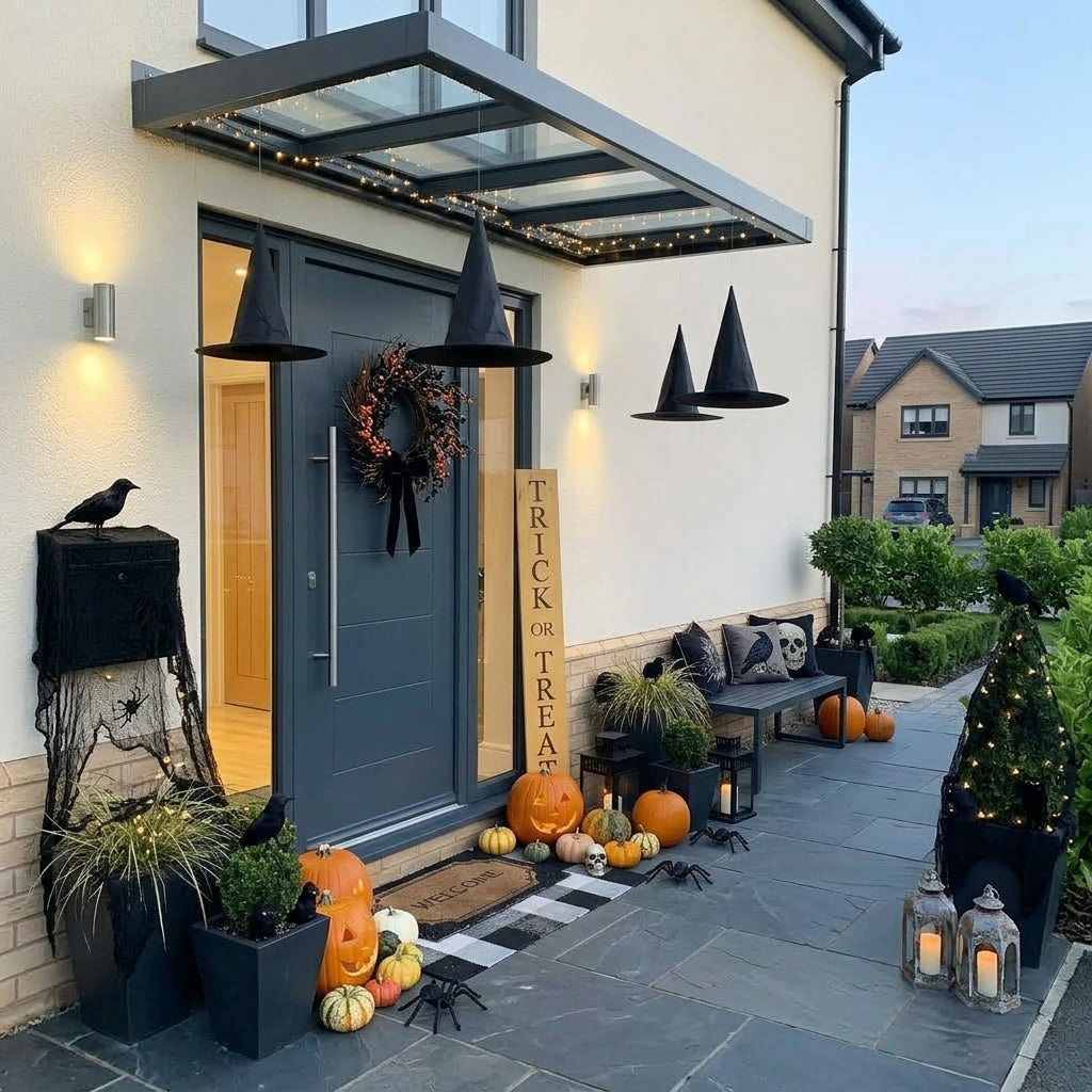 Spookcap black witch hats hung above a British front porch entrance decorated for Halloween